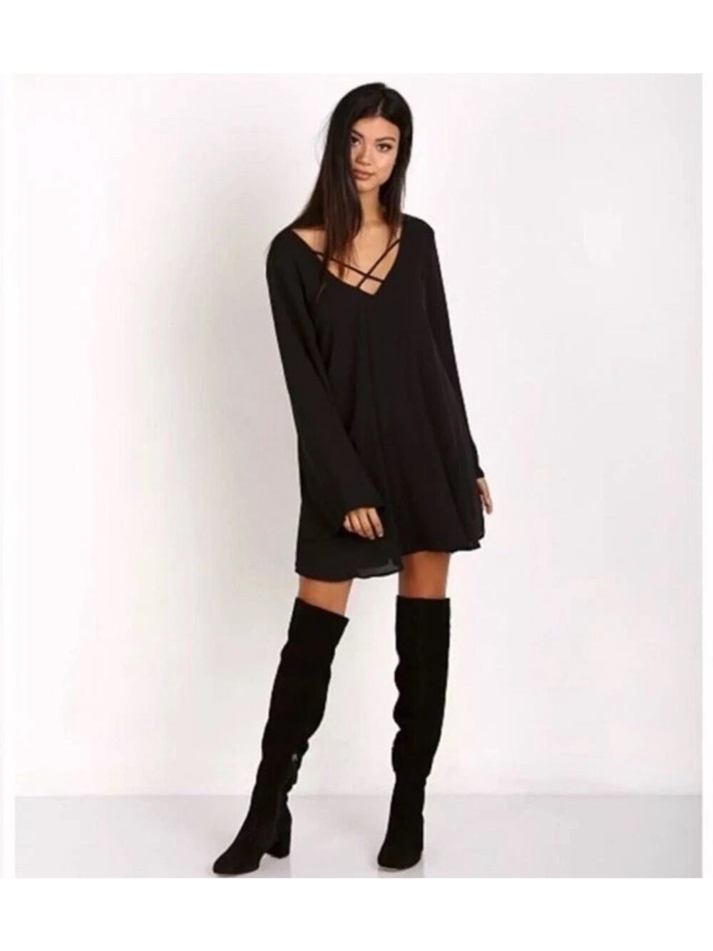 Show Me Your Mumu Womens S Black Joni Mini Flow Dress Boho Long Sleeve Lined